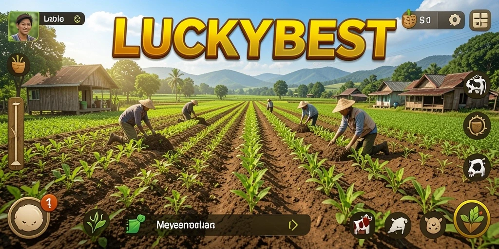 Screenshot LUCKYBEST menunjukkan gameplay bertani yang menarik dan penuh warna.