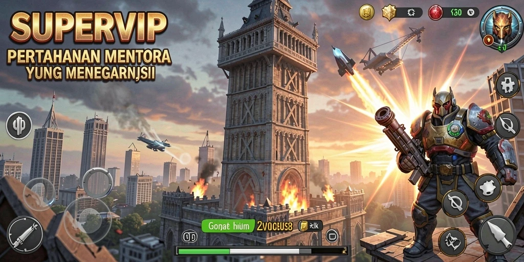 Tampilan gameplay SUPERVIP yang intens dan menyenangkan dalam pertempuran Tower Defense.